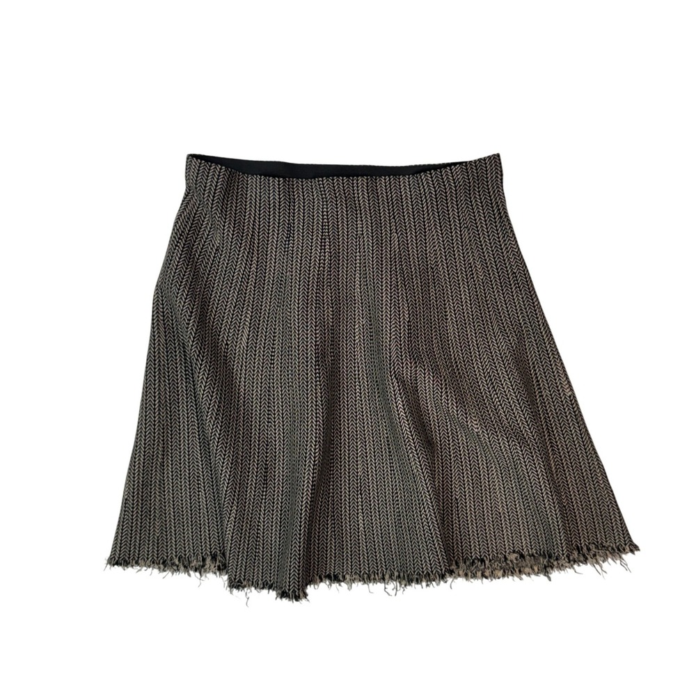 Vila Milano XL Black Tan Chevron Herringbone Knit A-Line Skirt Raw Fringe Hem - Picture 3 of 10